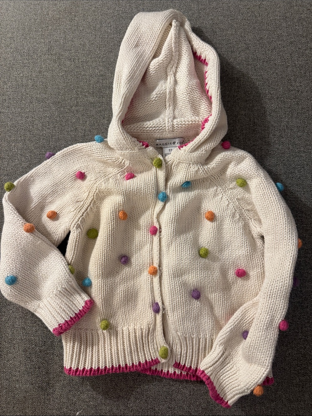 5/$15- Maggie & Zoe Cream Hooded Cardigan with Colorful Pom-Poms